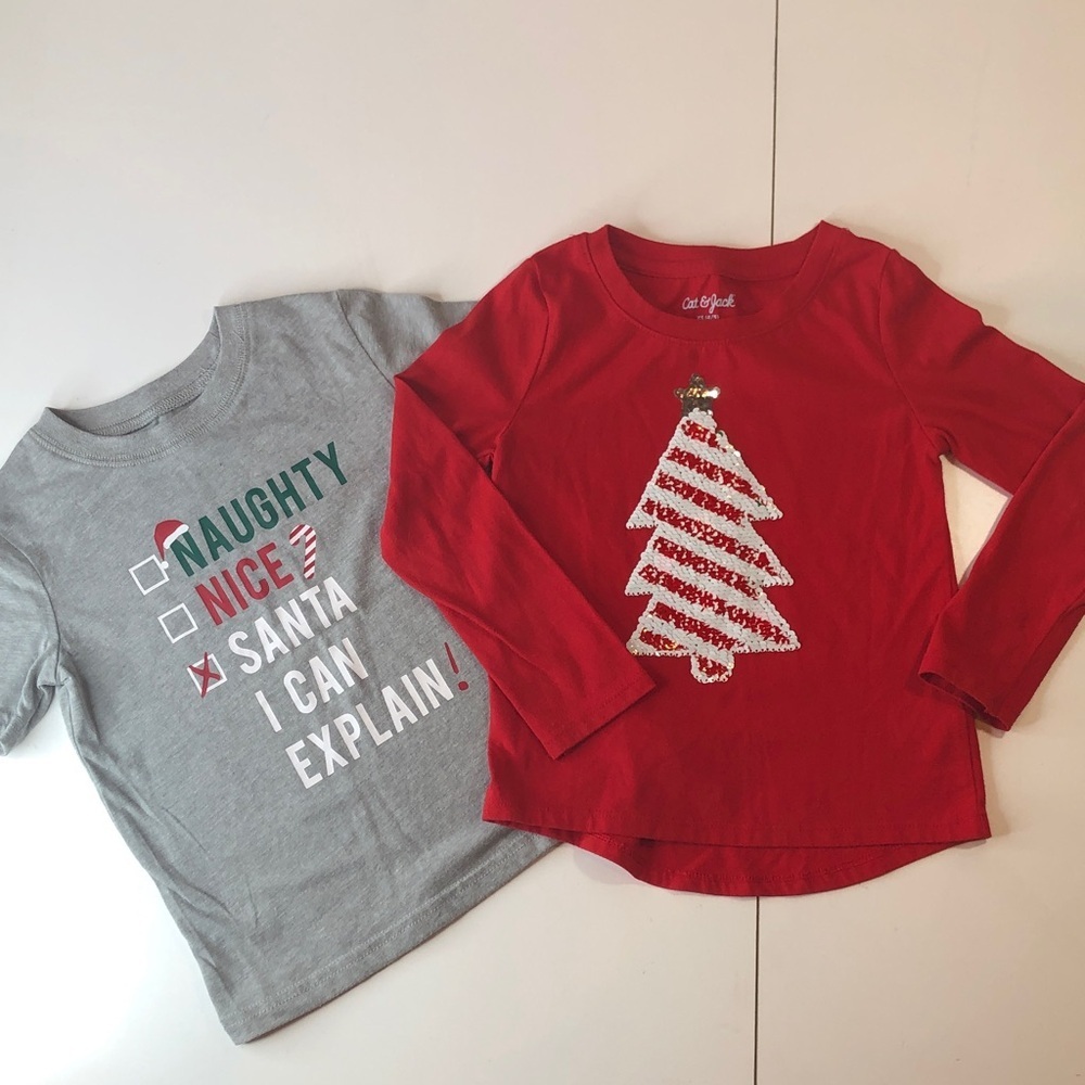 Cat & Jack Red Sequined Long Sleeve Top and Gray Graphic Print Holiday Tee 4/5